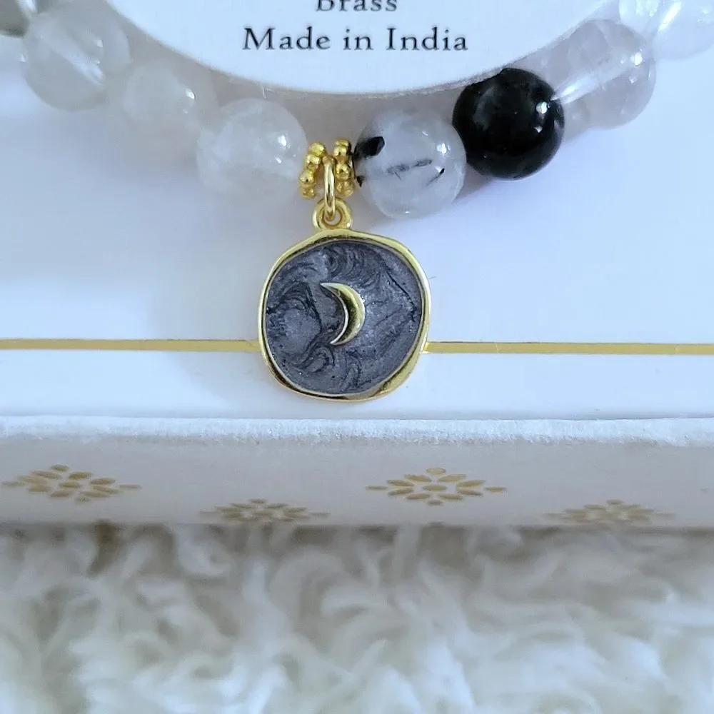 Shivam Mixed Quartz Stretch Bracelet with Crescent Moon🌙 Charm - NIB